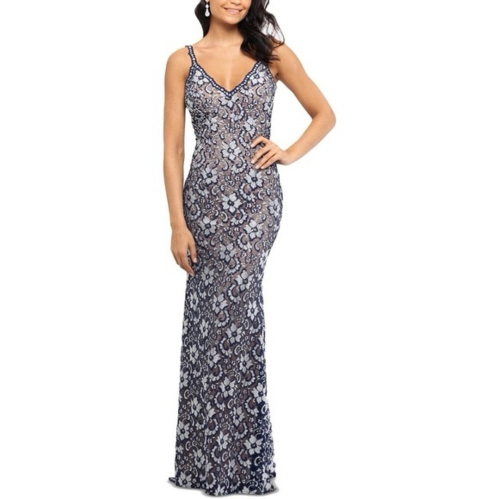 NWT🔵 XSCAPE LONG LACE VNECK BLACK SILVER FORMAL DRESS GOWN 🔵